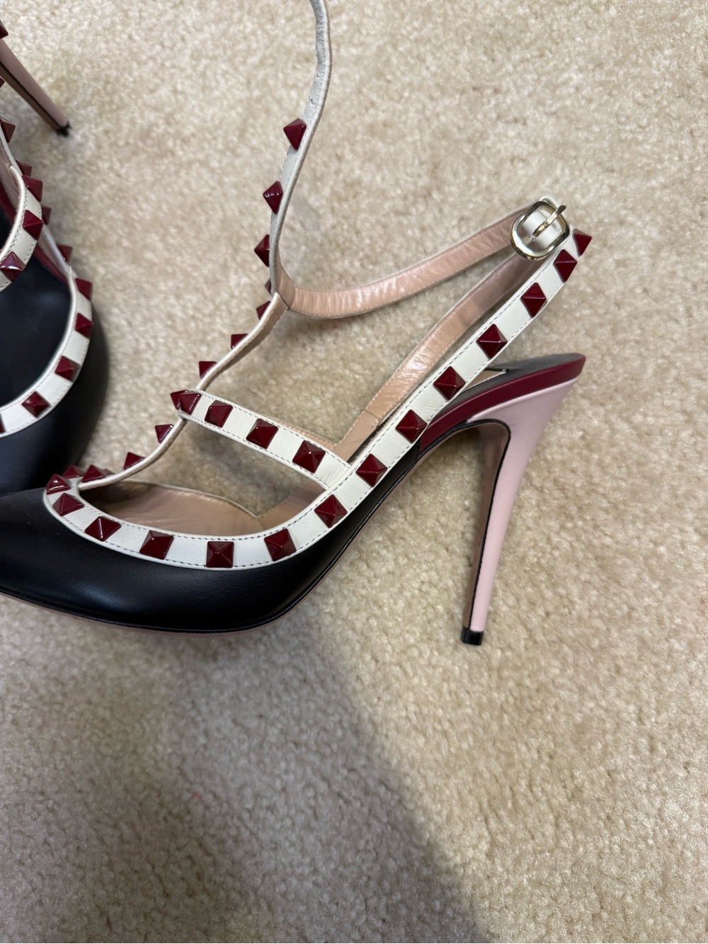 Women’s Black Leather Studded Slingback Pumps with Pink Heel